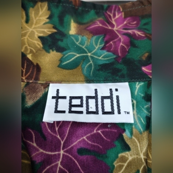 VTG 80s 90s Teddi Women's XL Satin Bomber Jacket AOP Leaf Full Zip Shoulder Pads - Picture 9 of 10